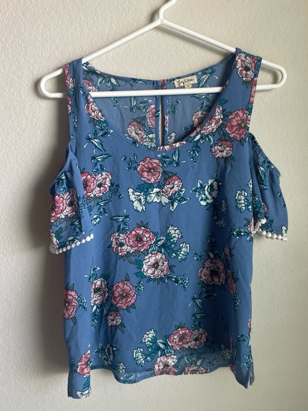 Lily White Blue Floral Cold-Shoulder Blouse